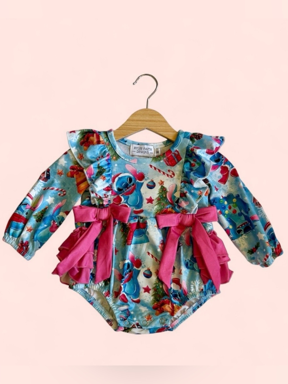 Rylee Faith Christmas Lilo & Stitch Inspired Ruffle Romper W/Pink Bows